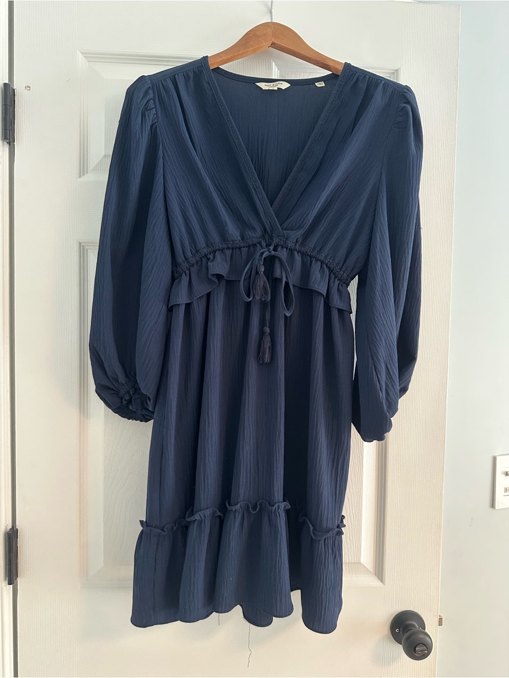 Max Studio Navy Blue V-Neck Tie-Front Ruffle Dress, size M